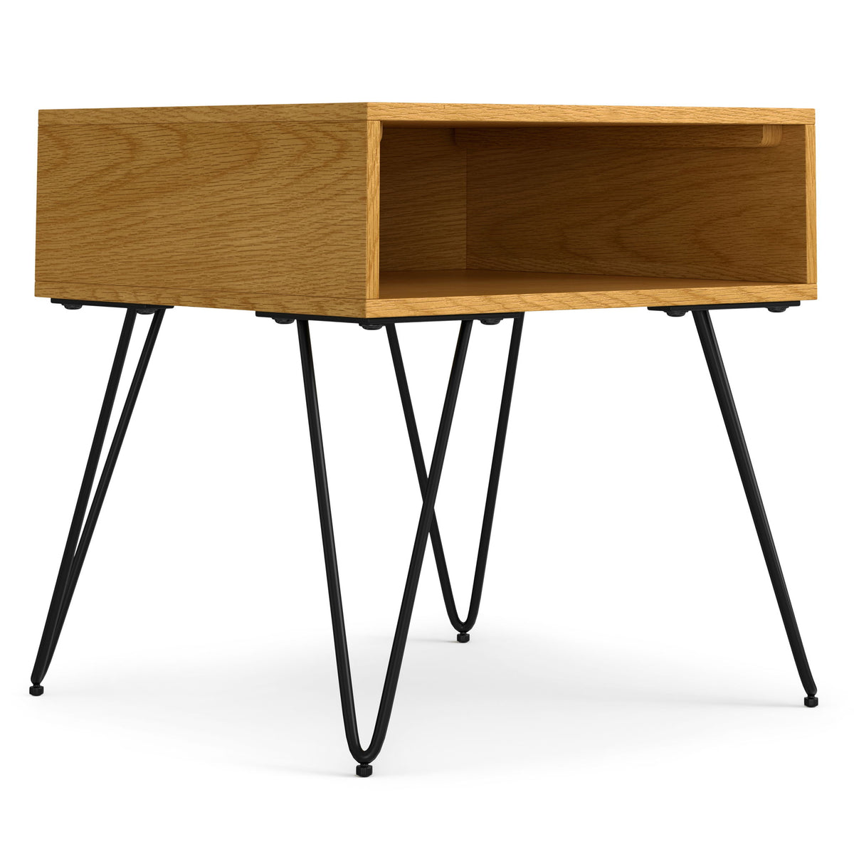 Light wood end table with open cabinet shelf and black splayed metal legs