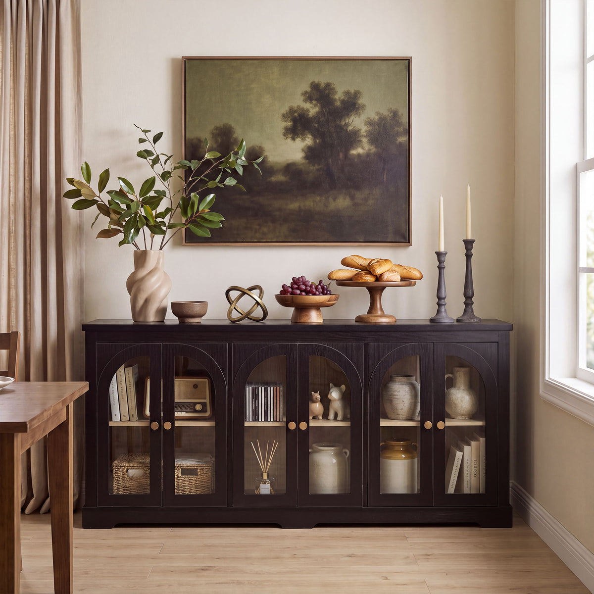 Dark brown arched glass sideboard with 6 doors and brass knobs, closed cabinet