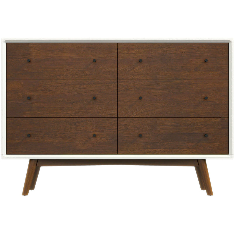 Mid-Century Modern White Dresser 6 Drawer - Dark Brown / White