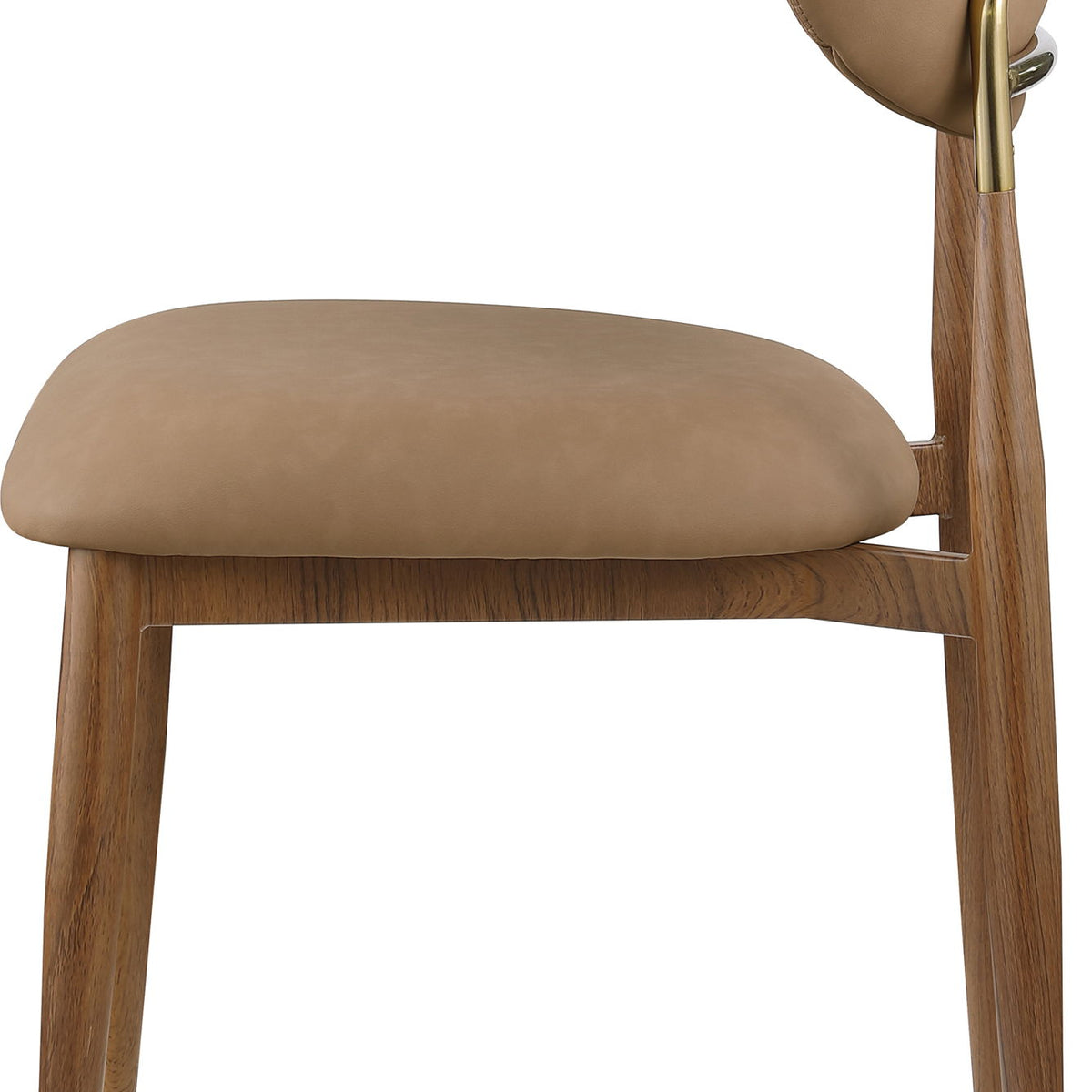 Tan upholstered dining side chair with rounded seat, curved back, and wood legs