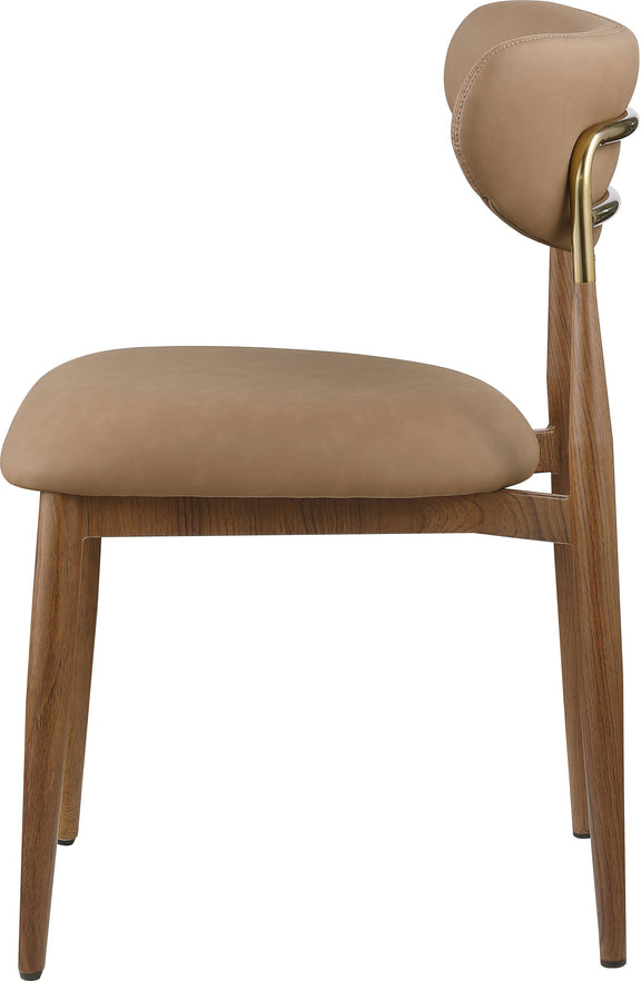 Tan upholstered dining side chair with rounded seat, curved back, and wood legs