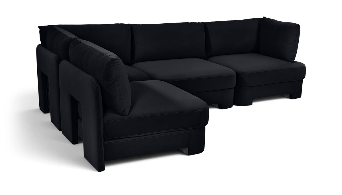 Armless velvet performance fabric sectional, black 4-piece corner setup with plush cushions.