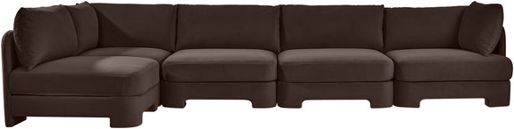 Dark brown velvet sectional sofa with long chaise and multiple seat cushions