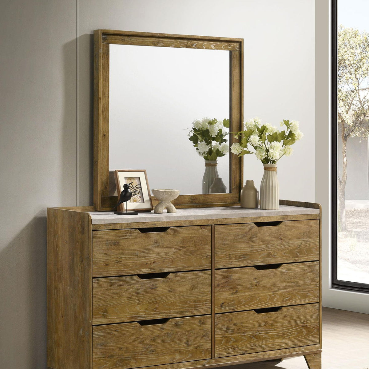 Henderson 6-drawer Bedroom Dresser with Mirror Medium Oak