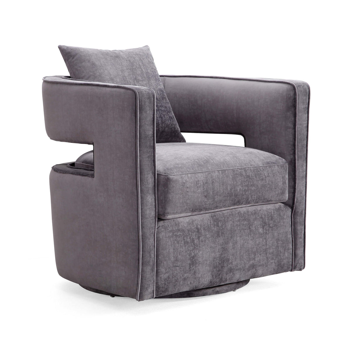Gray swivel chair with thick arms, upholstered seat, and dark gray back pillow