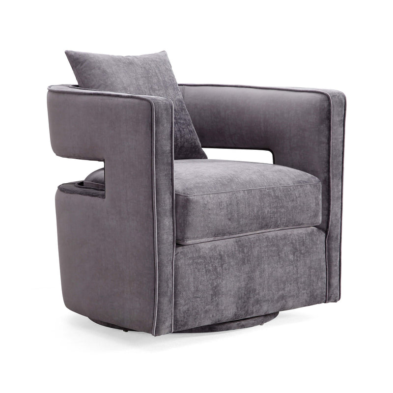 Gray swivel chair with thick arms, upholstered seat, and dark gray back pillow