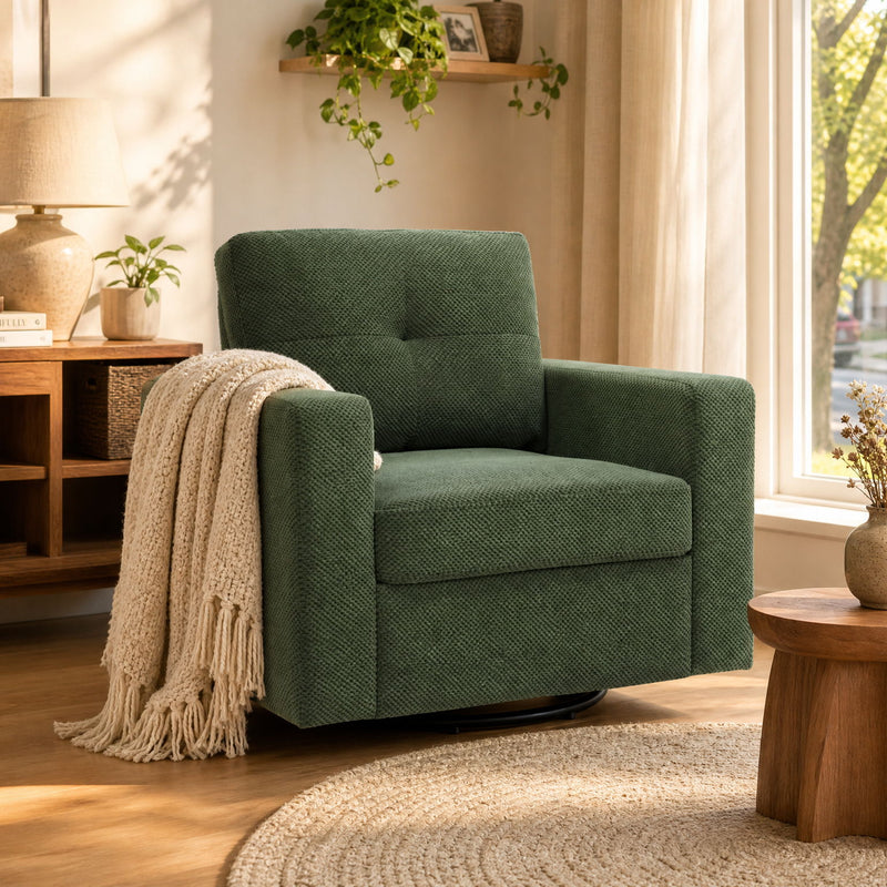 Dark green fabric swivel chair with padded armrests and cushioned seat