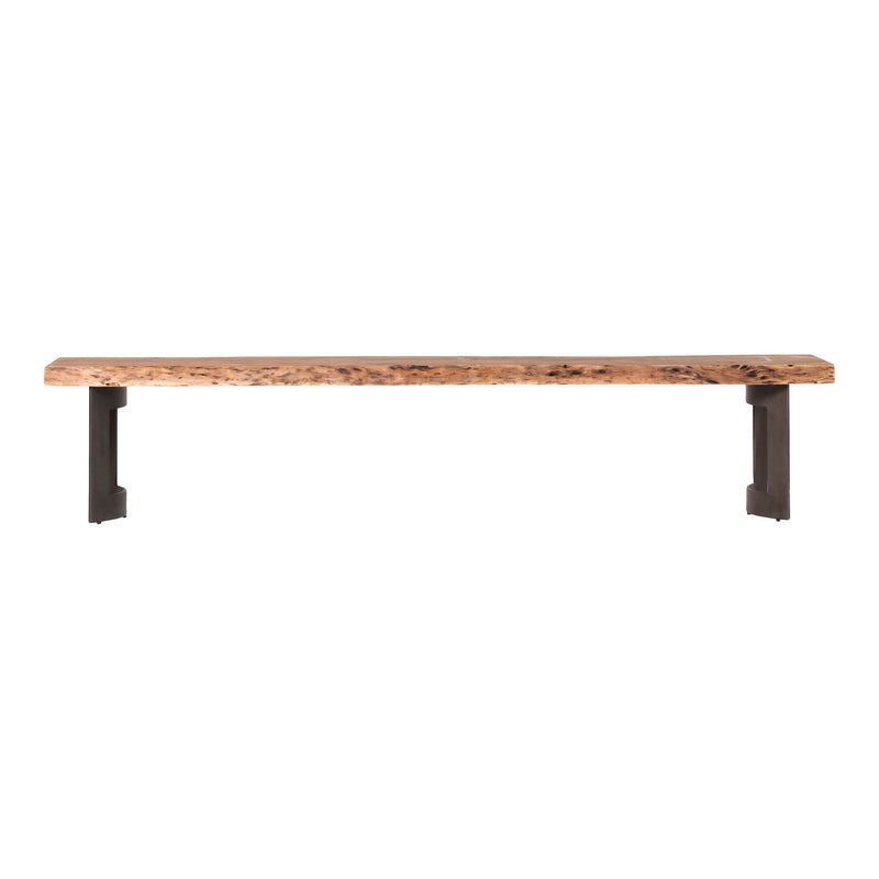 Extra-small bench with a thick brown wood seat and dark metal legs