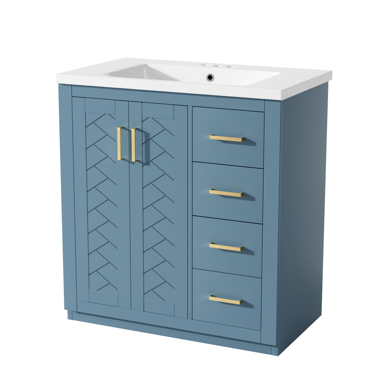 Blue freestanding bathroom vanity with sink, cabinet doors, and drawer storage