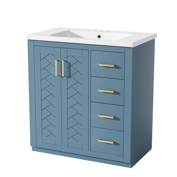Blue freestanding bathroom vanity with sink, cabinet doors, and drawer storage