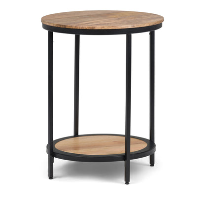 Handcrafted round side table with bottom shelf, light brown wood top and lower shelf, black legs