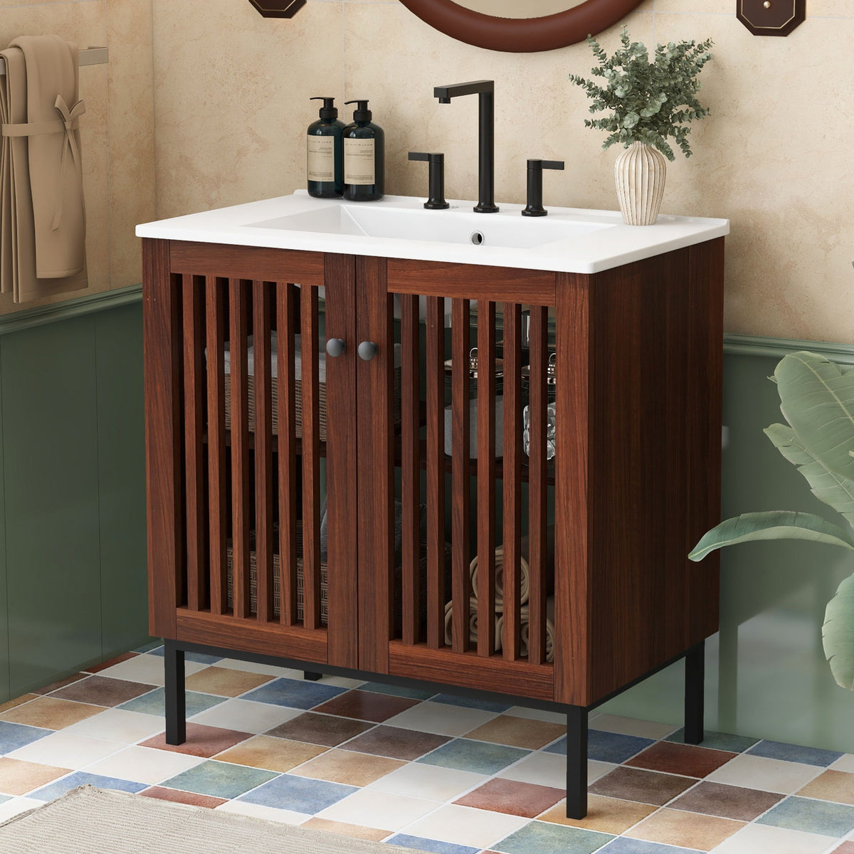 30" Vintage Bathroom Vanity With Ceramic Sink, Modern Bathroom Vanity Cabinet With 2 Soft Close Doors, Equpiied With 4 Sturdy Iron Legs - Antique Dark Brown