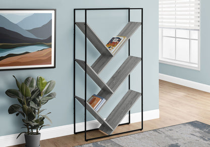 3-tier leaning bookshelf with dark gray wood shelves and black metal frame