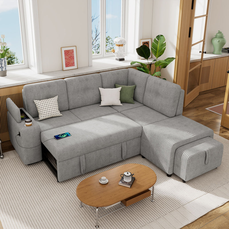 Pull-Out L-Shaped Sectional Sofa With Movable Ottoman And Stool, Large Storage Space, A Cup Holder, And 2 USB Ports For Living Room