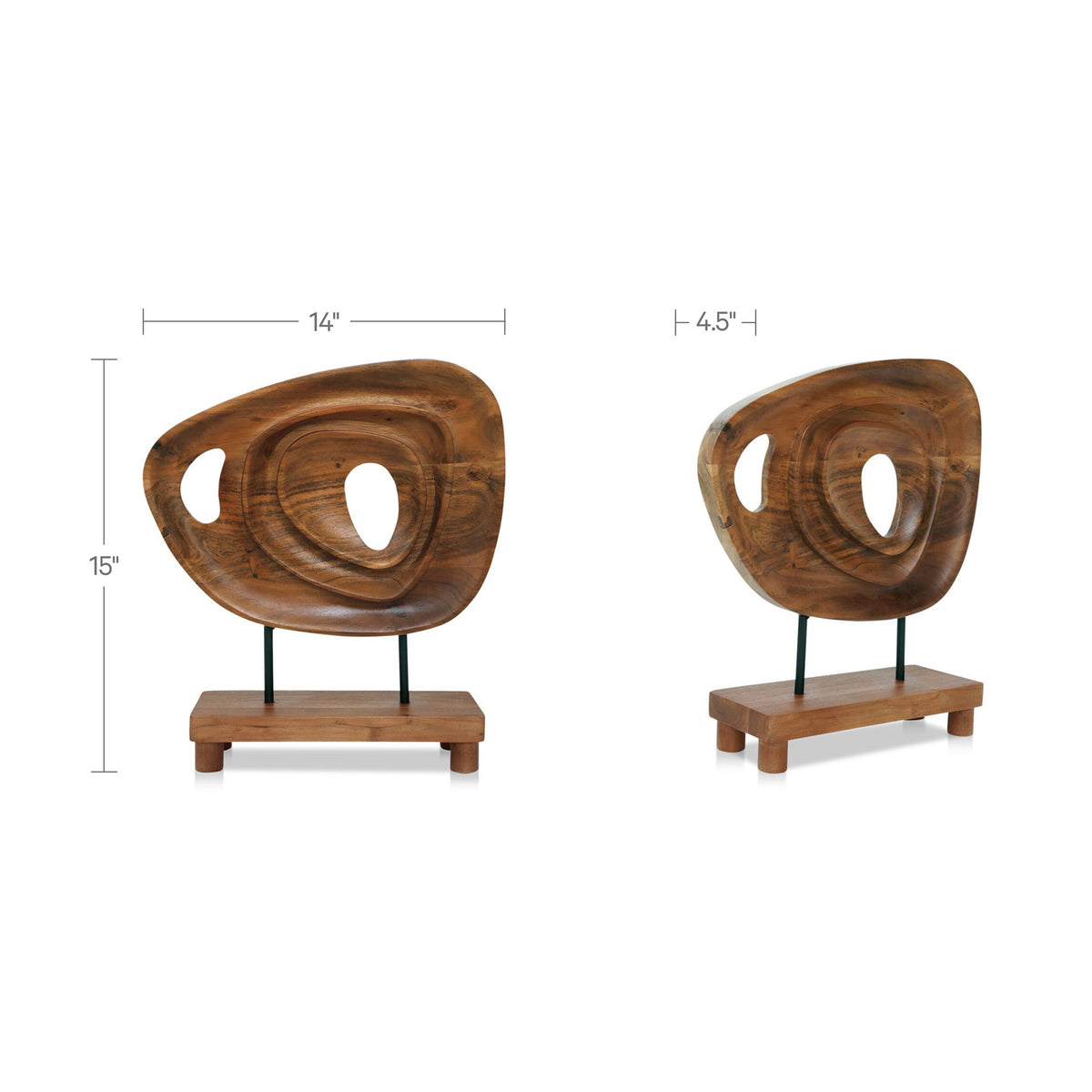 Natural acacia wood abstract sculpture with oval openings, on stand (size shown)