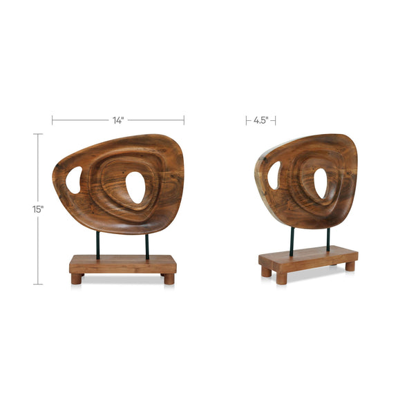 Natural acacia wood abstract sculpture with oval openings, on stand (size shown)