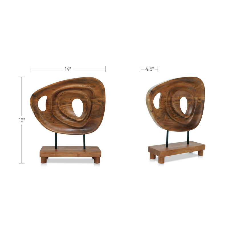 Natural acacia wood abstract sculpture with oval openings, on stand (size shown)