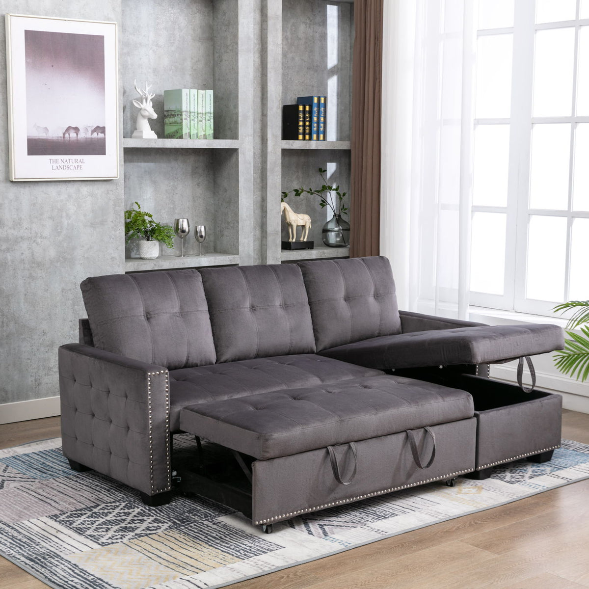 Reversible Sectional Storage Sleeper Sofa Bed, L-Shape 2 Seat Sectional Chaise With Storage, Skin-Feeling Velvet Fabric