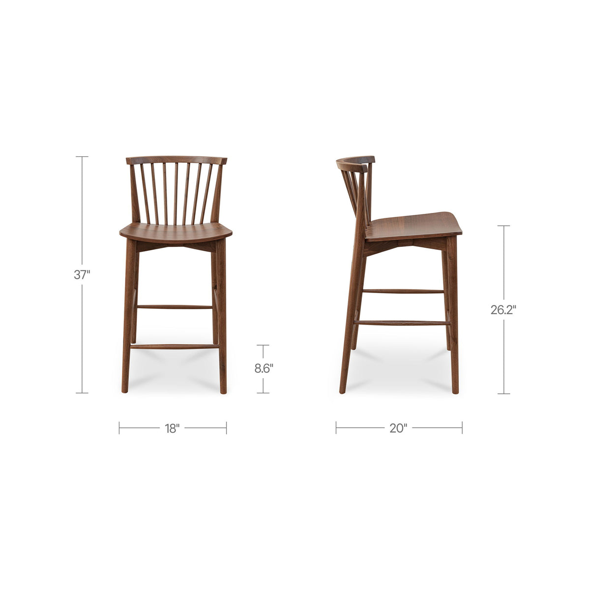 Walnut counter-height chair with slatted back; front and side size diagram