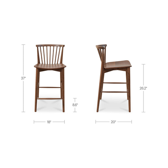 Walnut counter-height chair with slatted back; front and side size diagram