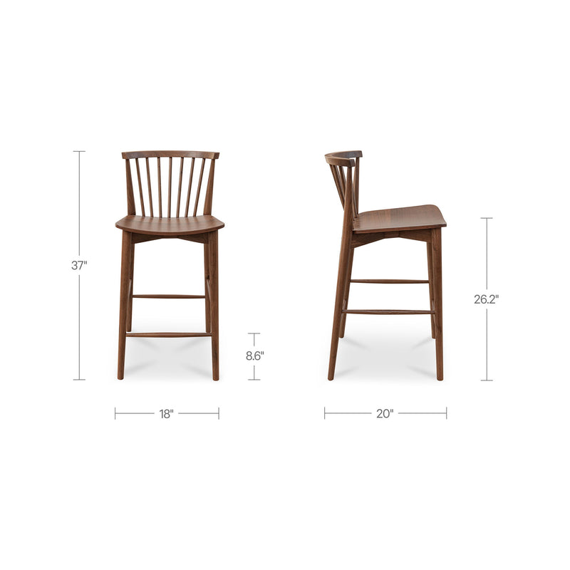 Walnut counter-height chair with slatted back; front and side size diagram