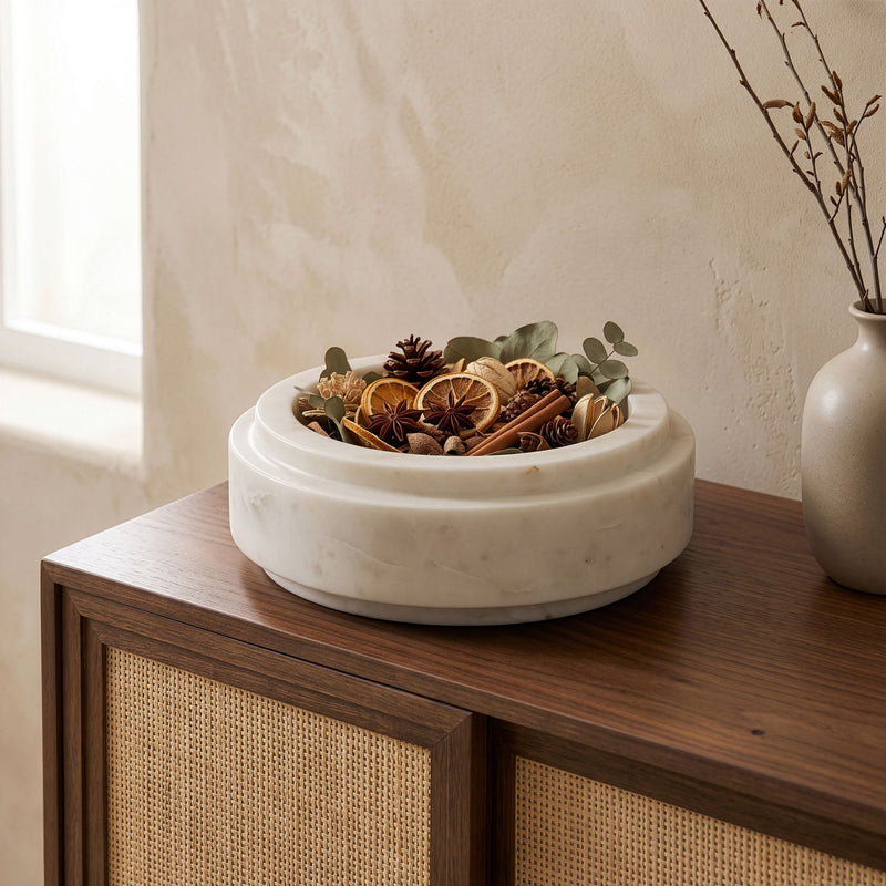 Parsons genuine marble bowl with potpourri, white round dish