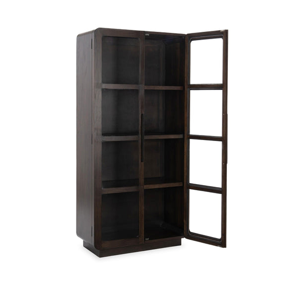 Dark brown tall wood cabinet with two glass doors, one door open to show shelving