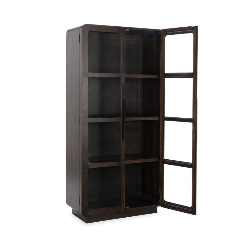Dark brown tall wood cabinet with two glass doors, one door open to show shelving