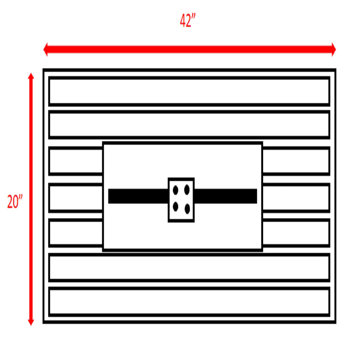 Front view diagram of gray propane outdoor fire pit table, 42 in by 20 in