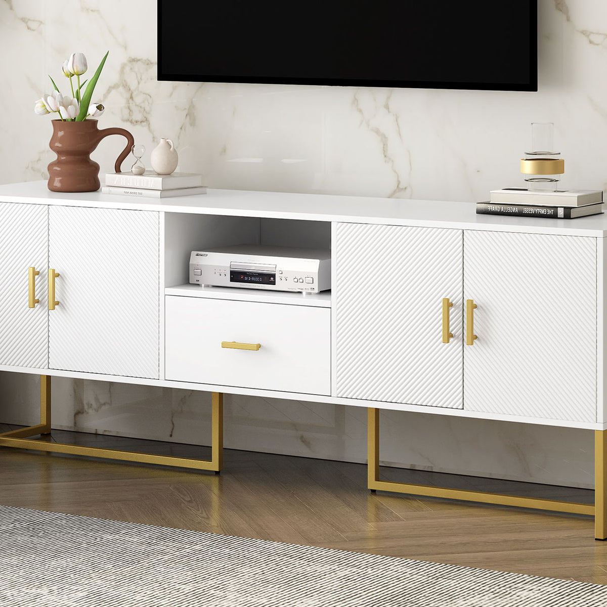 TV Cabinet With 1 Drawer, 2 Cabinets, Handles And Anti-Tip Device
