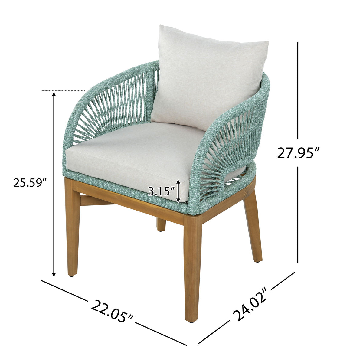 Outdoor dining chair with teal woven arms, white cushion, light wood frame; size diagram