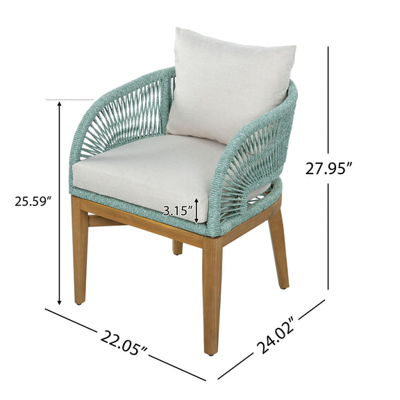 Outdoor dining chair with teal woven arms, white cushion, light wood frame; size diagram