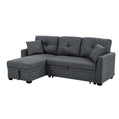 Dark gray upholstered sectional sofa with chaise and tufted back cushions