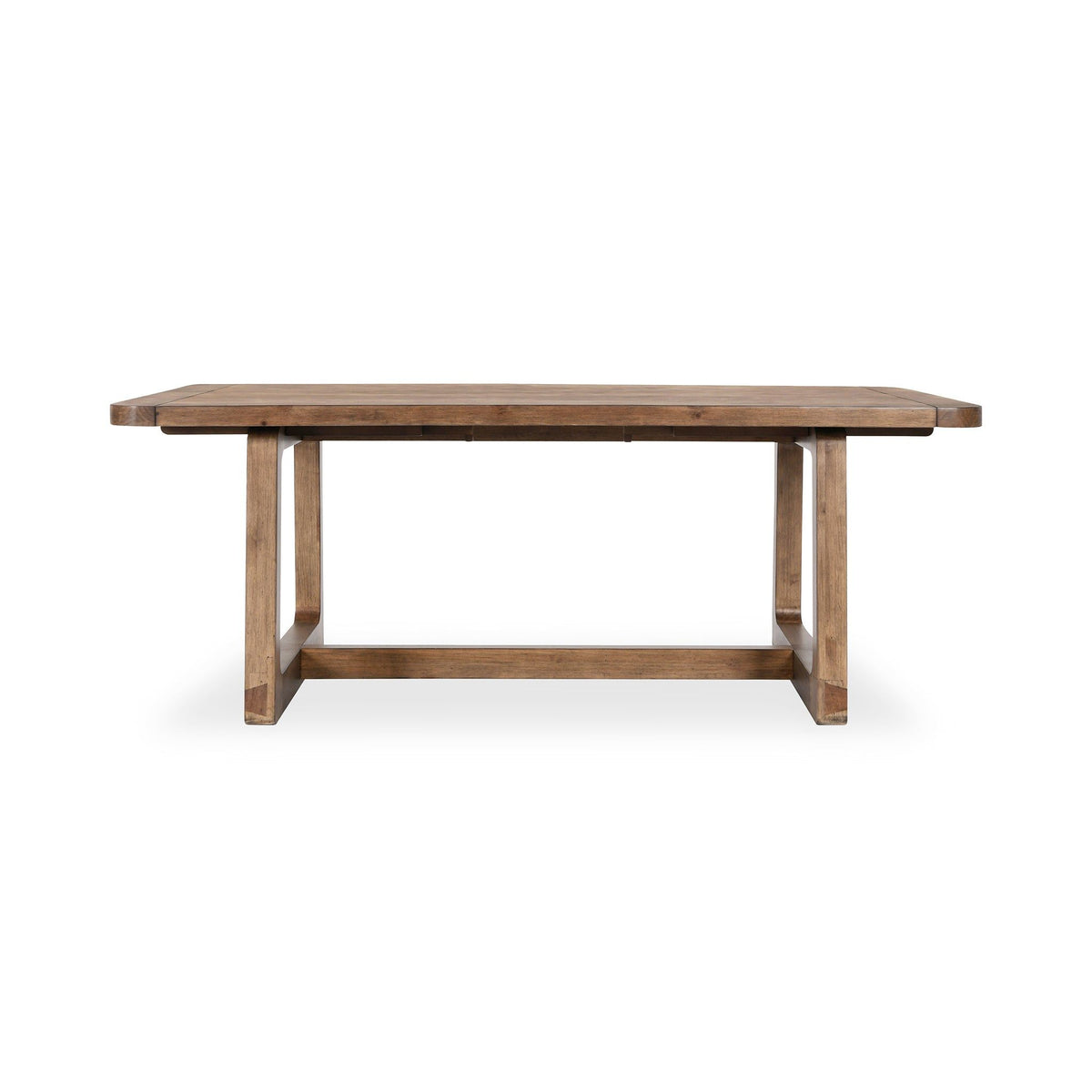 Smoke-brown dining table with extensions, chunky trestle legs, front view