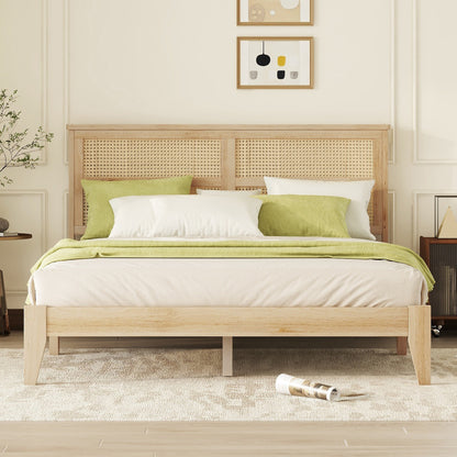 Queen Size Rubber Wooden, Solid Wooden Bed with Rattan Headboard, Enhanced by Support Feet, Natural, Coastal