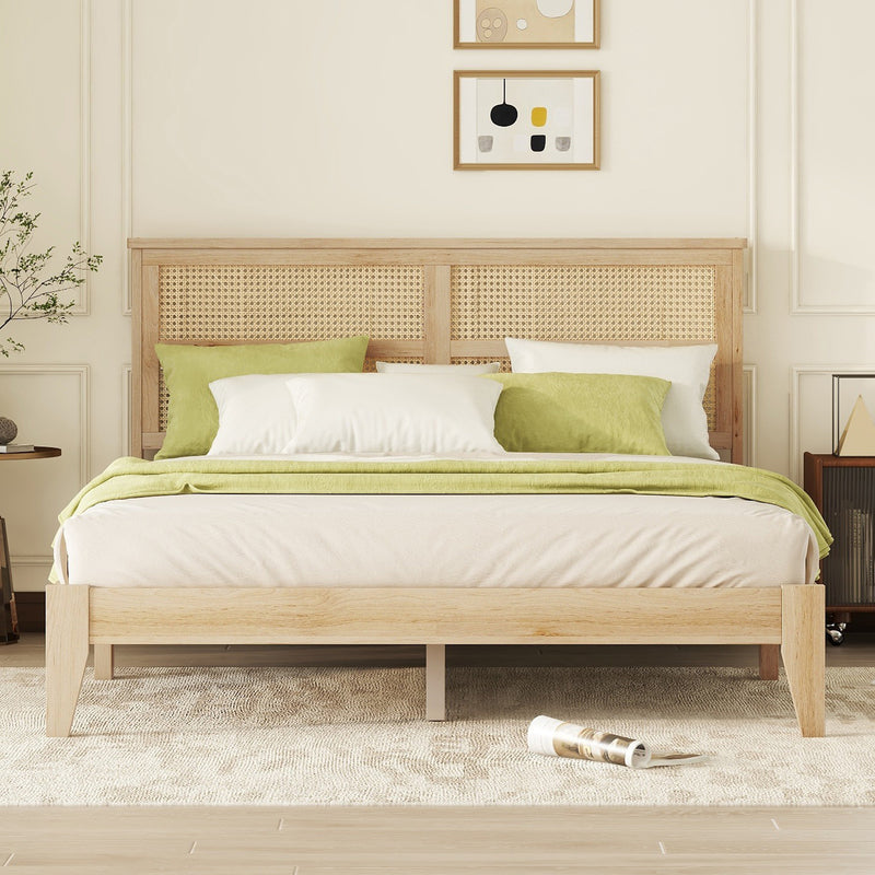 Queen Size Rubber Wooden, Solid Wooden Bed with Rattan Headboard, Enhanced by Support Feet, Natural, Coastal