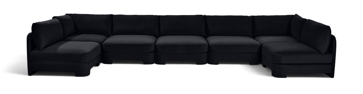 Black velvet armless U-shaped sectional sofa with rounded arms, 7-piece set