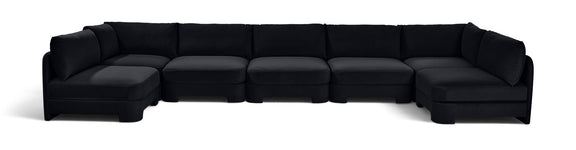 Black velvet armless U-shaped sectional sofa with rounded arms, 7-piece set