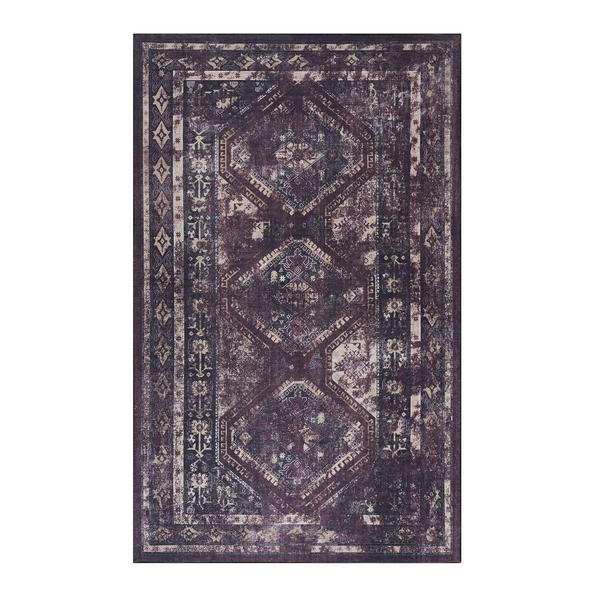 Dark purple washable area rug with vintage medallion and patterned border