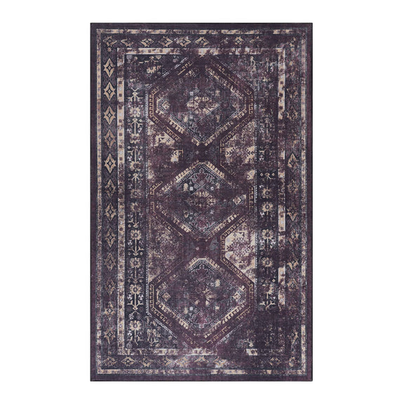 Dark purple washable area rug with vintage medallion and patterned border
