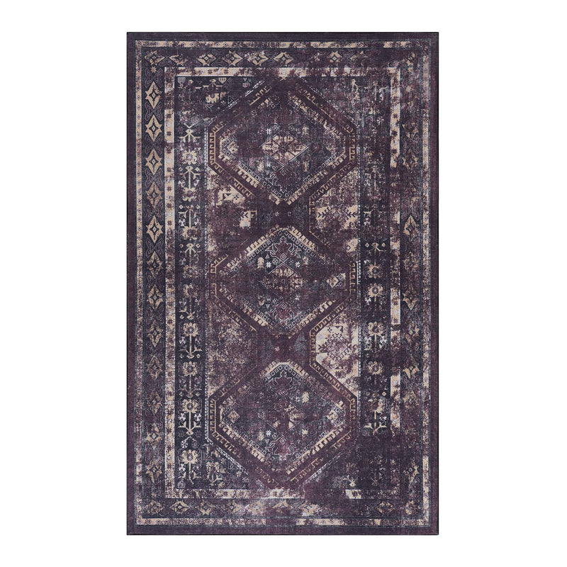 Dark purple washable area rug with vintage medallion and patterned border