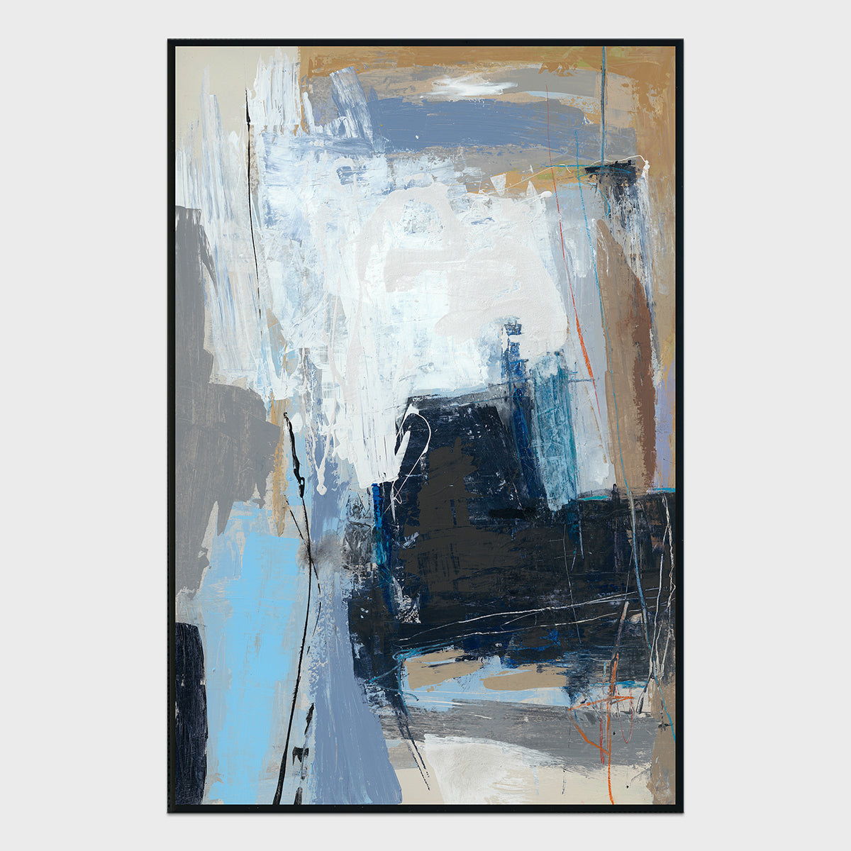 Blue abstract framed canvas painting with textured brushstrokes, black frame