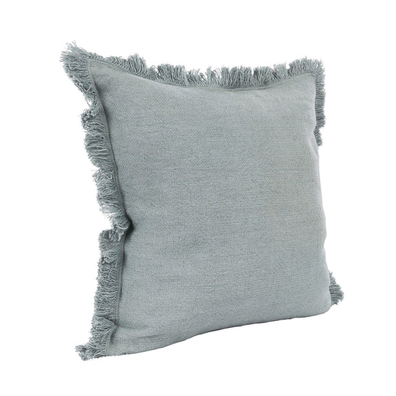 Light gray-blue square accent pillow with fringed edges and plain front