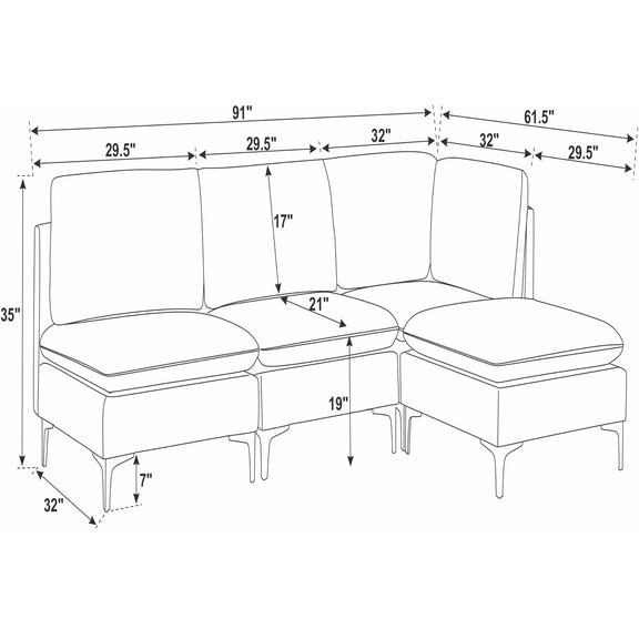Modular sectional sofa diagram with tall legs showing seat, ottoman, and dimensions