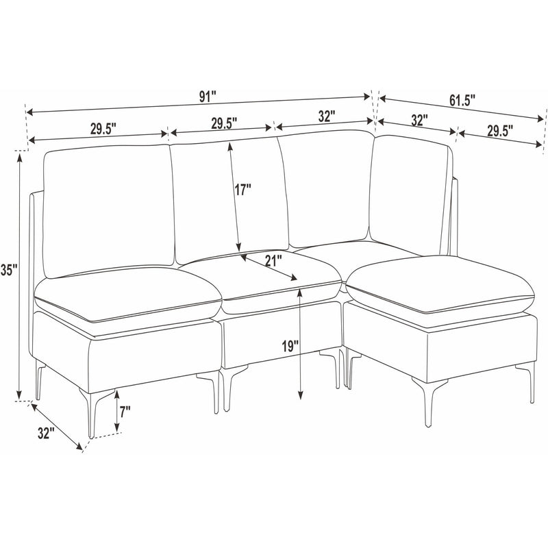 Modular sectional sofa diagram with tall legs showing seat, ottoman, and dimensions