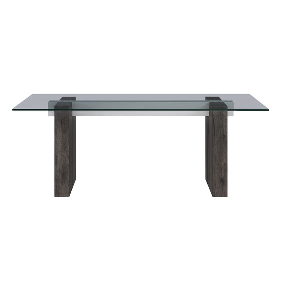 Rectangular glass-top dining table with gray wood supports and dark corner caps.