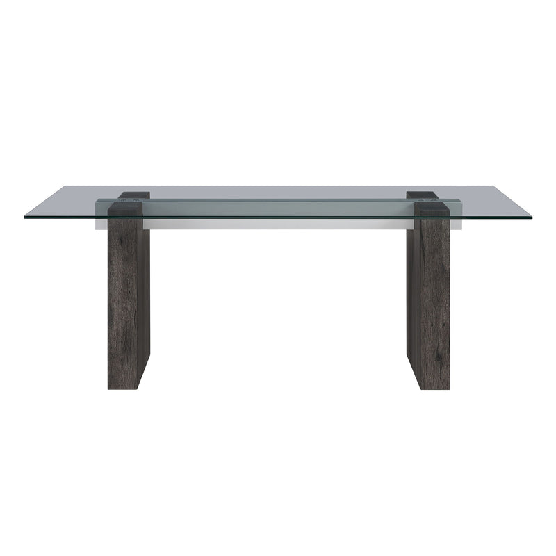 Rectangular glass-top dining table with gray wood supports and dark corner caps.