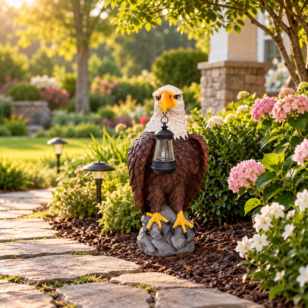 Bald eagle statue with hanging lantern, displayed on a garden path