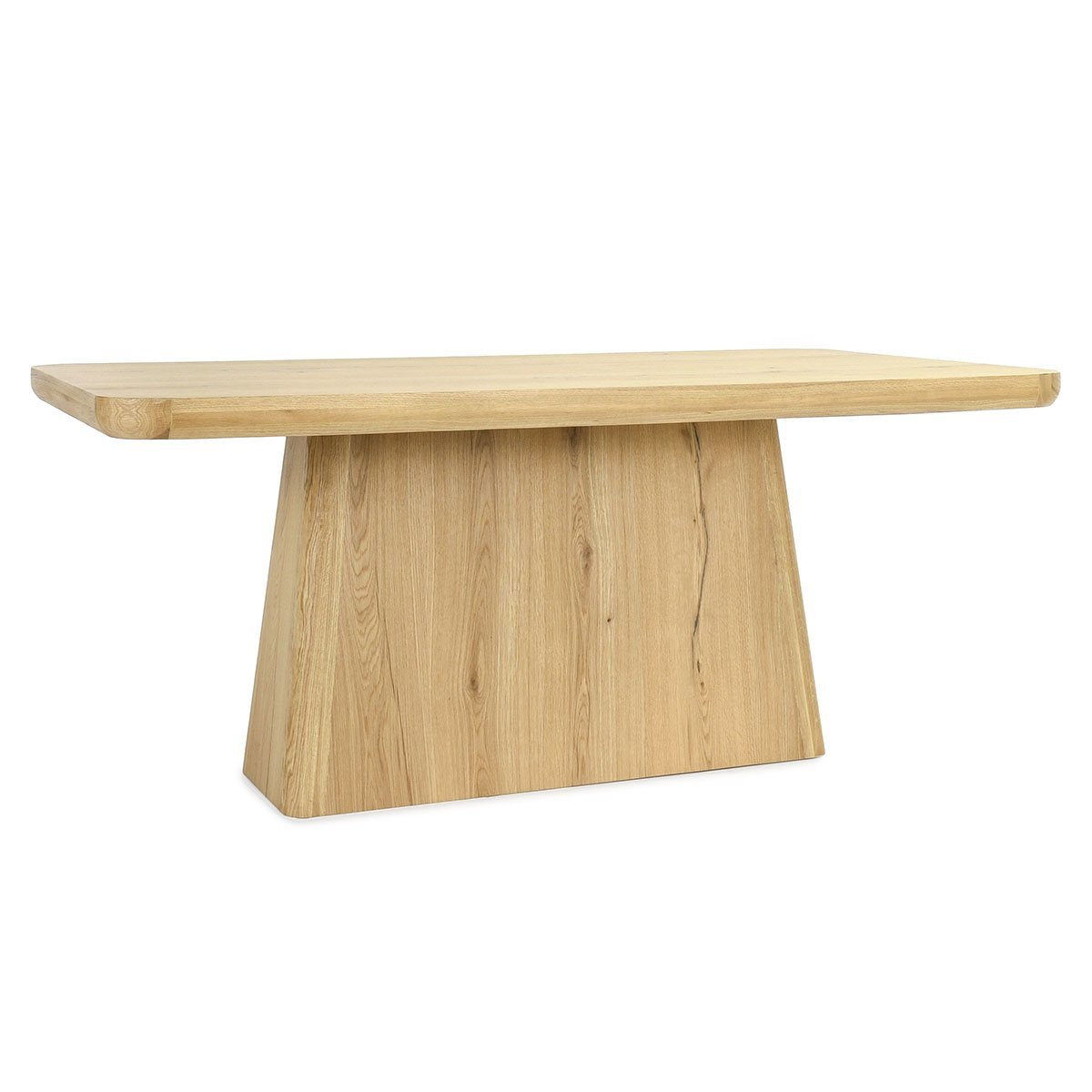 Natural dining table with wide rectangular top and flared pedestal base