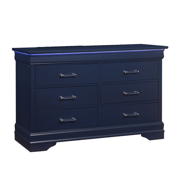 Blue bedroom dresser with six drawers and silver bar pulls